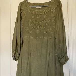 Solitaire Embroidered Olive Tunic Dress | Made in India | Boho Folk